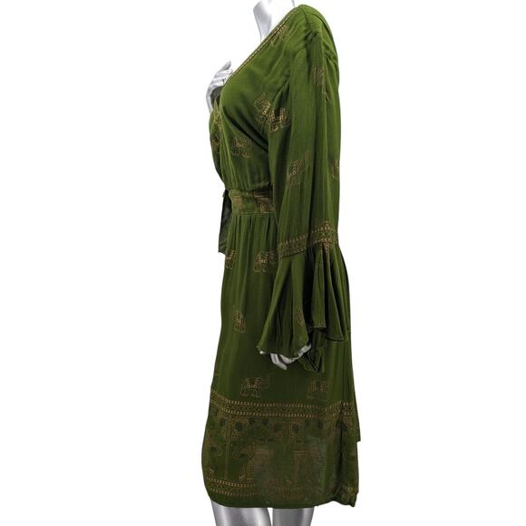 Cute LAPOGEE ELEPHANT MIDI DRESS Olive Green Gold Metallic Rayon Bell Sleeves 2X - Picture 10 of 12